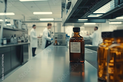 A laboratory scene featuring a focus on an amber glass chemical bottle, with scientists in the background working on experiments.