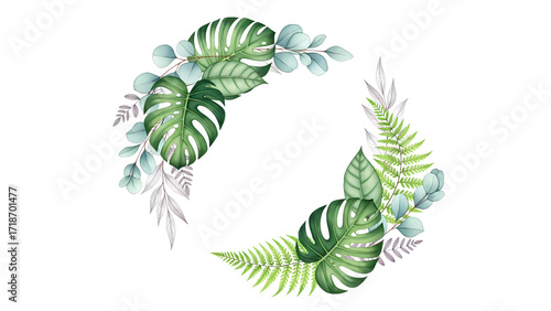 Watercolor illustration of a circular arrangement featuring various green leaves and foliage, creating a decorative wreath.