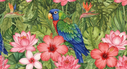 Watercolor Parrot and Tropical Flowers Illustration.