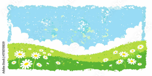Whimsical hand painted style illustration of a green rolling meadow filled with white daisies under a bright blue textured sky