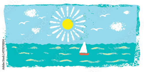 Bright sunny day over the ocean with a sailboat and seagulls flying