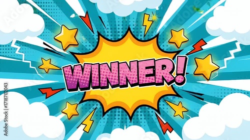 Explosive comic style 'WINNER!' announcement with stars and lightning bursts, perfect for celebrations and victories.