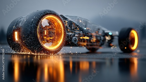 Wallpaper Mural Futuristic vehicle with glowing wheels reflecting on a wet surface outdoors. Torontodigital.ca