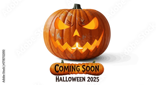 Spooky jack o lantern coming soon halloween 2025 isolated on white background 