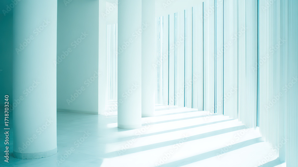 Obraz premium Modern minimalist interior in cool white and pale blue, where rhythmic white columns cast shifting shadows under soft side light, evoking calm, openness and refined architectural order