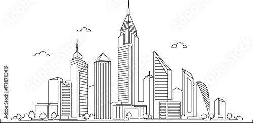 Continuous line drawing, modern city skyline, skyscrapers, urban architecture, minimalist art, travel destination, business district, cityscape illustration, contemporary buildings, metropolitan view