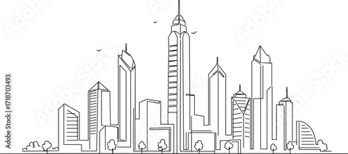 Continuous line drawing, modern city skyline, skyscrapers, urban architecture, minimalist art, travel destination, business district, cityscape illustration, contemporary buildings, metropolitan view