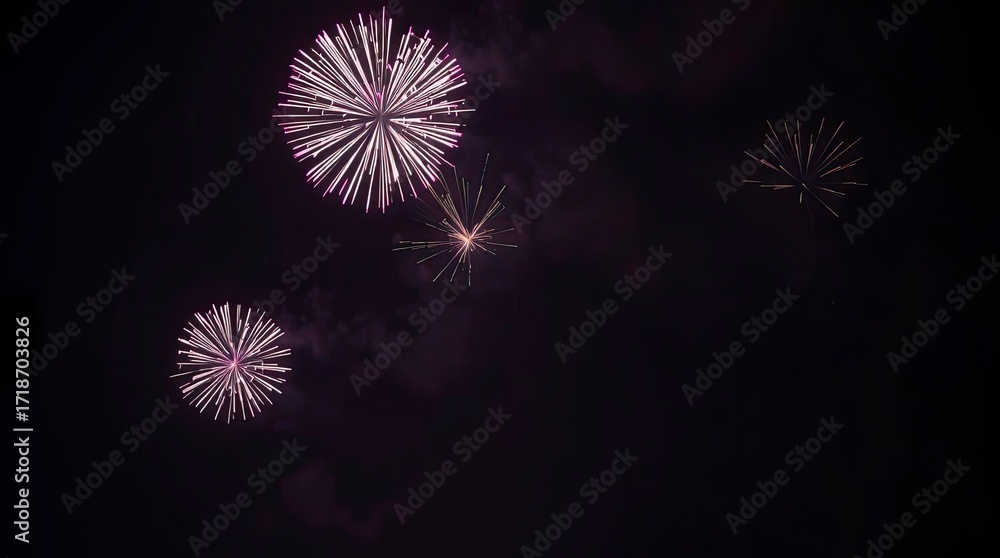 Fototapeta premium A beautiful, moody photograph showcases a night sky brimming with spectacular fireworks, rendered with gentle soft light, low contrast, diffused shadows, and subtle illumination