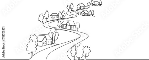 Continuous line drawing, residential neighborhood scene, winding road, houses, trees, suburban landscape, minimalist art, peaceful community, nature, quiet street illustration