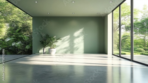 Fototapeta Naklejka Na Ścianę i Meble -  Tranquil, sun-drenched interior space with sage green walls and floor, showcasing expansive garden views through large windows.