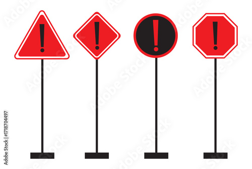 Caution vector icons. Warning icons. Caution alarm sign set. Danger signs. Warning attention icons. Set of road signs isolated. Direction traffic signs boards metal stand, pointer post and directing.