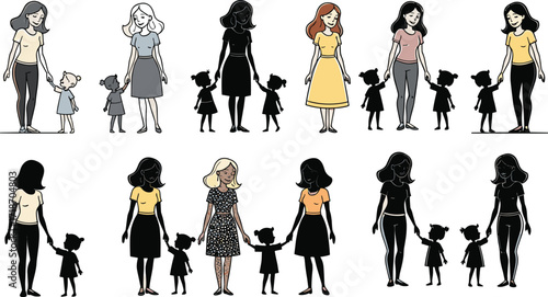 Cartoon Woman and Girl Icons Holding Hands Featuring Diverse Outfits, Hairstyles, Skin Tones, Caregiving Theme, Family Bond, and Love