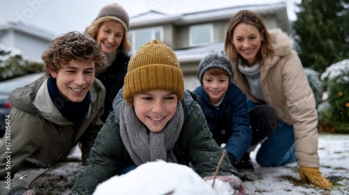 Family fun building a snowman in front yard winter wonderland photography outdoor eye-level joyful togetherness