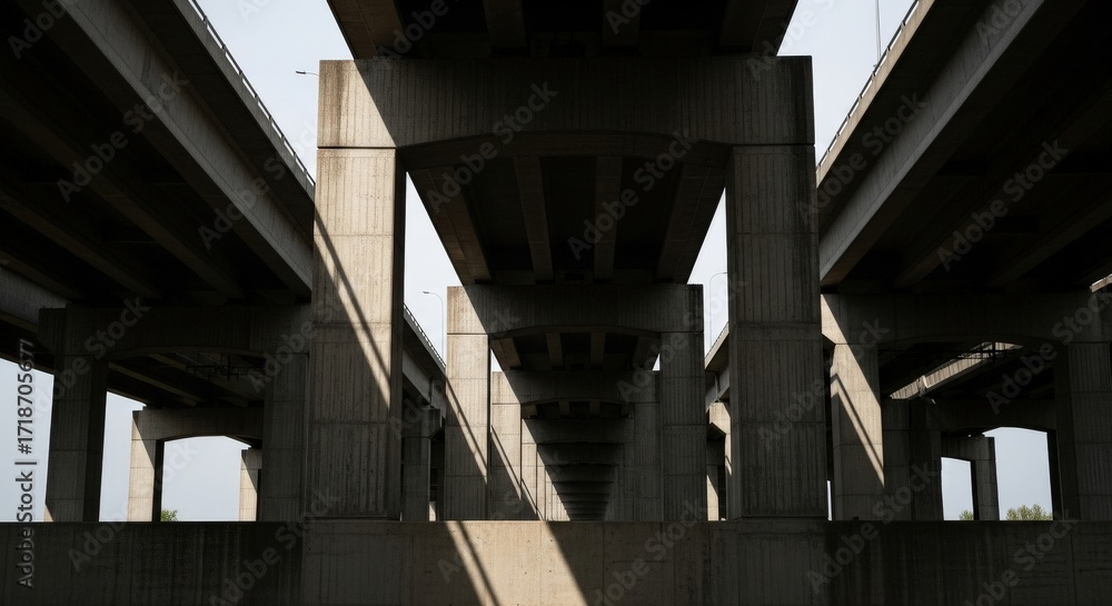 Fototapeta premium Concrete Highway Overpass Structure Architectural Perspective Shadow Play.
