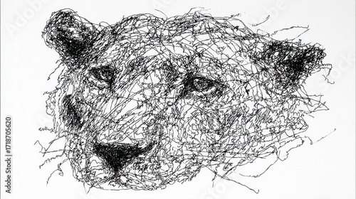 animal tiger head, continuous ink drawing, single line art.