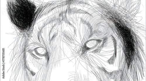 animal tiger head, continuous ink drawing, single line art.