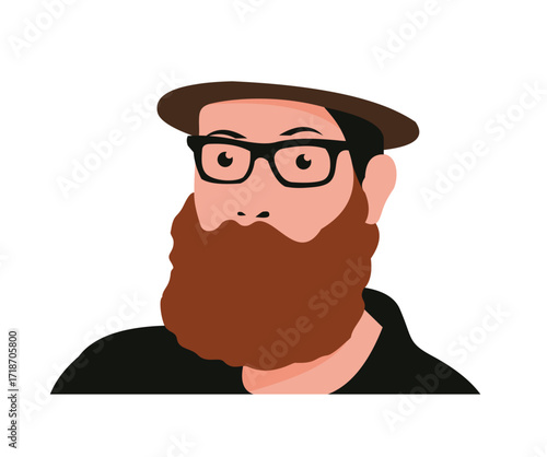 Stylized flat vector image of a bearded man wearing a hat