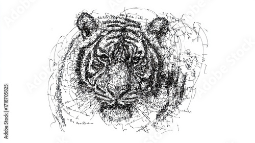 animal tiger head, continuous ink drawing, single line art.