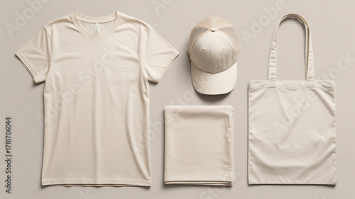 Blank beige t-shirt, cap, tote bag, and cloth mockup laid out flat on a neutral background, perfect for custom printing and branding designs