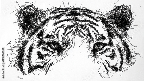 animal tiger head, continuous ink drawing, single line art.