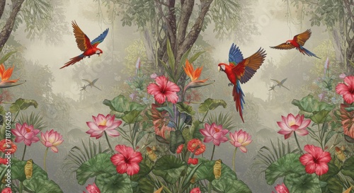 Tropical Paradise: Parrots Flowers and Lush Jungle Illustration.