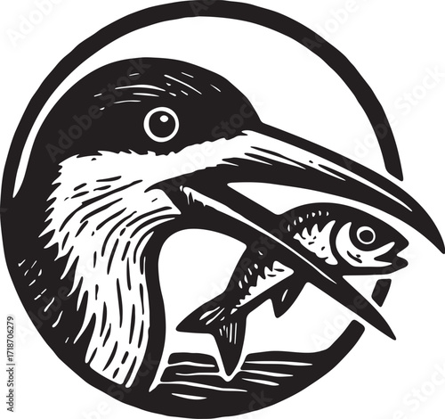 Black skimmer with fish in beak linocut circle emblem bold seabird illustration on white background
