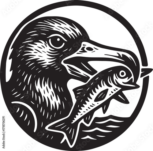 Arctic skua with fish in beak linocut circle emblem seabird illustration on white background