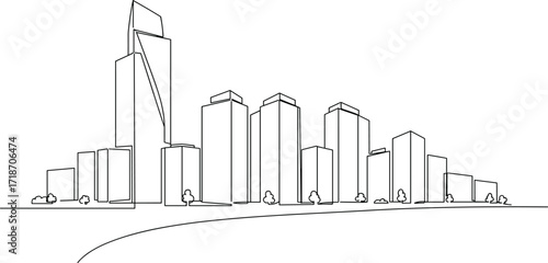 Continuous line drawing, modern city skyline, skyscrapers, urban architecture, minimalist art, travel destination, business district, cityscape illustration, contemporary buildings, metropolitan scene