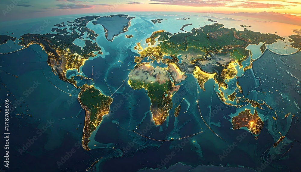 Obraz premium Global map at sunset