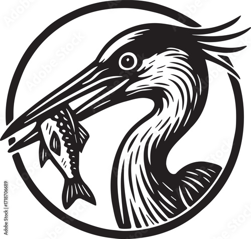 Heron with fish in beak linocut circle emblem wading bird illustration black and white