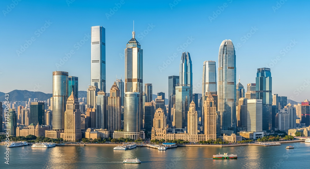 Fototapeta premium Panoramic View of Modern Skyscrapers Against a Clear Blue Sky