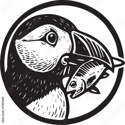 Puffin illustrated in bold linocut style holding multiple fish in its beak inside a circular frame