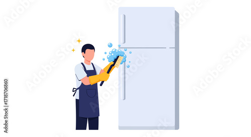 Man cleaning refrigerator door with a brush, flat-lay illustration against white background, showing cleaning process, simple style, light blue accents.