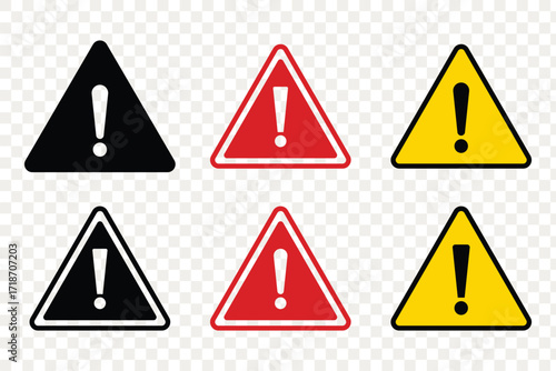 Set of danger triangle vector icon on isolated transparent background, caution, warning icon, exclamation marks, attention, error. vector illustration