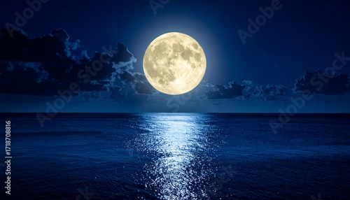 Full moon over calm ocean at night
