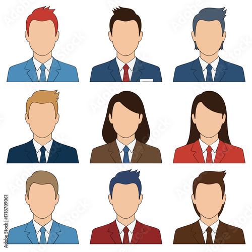 A collection of nine diverse and faceless business people avatars wearing professional suits.