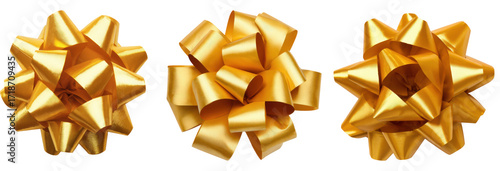Shiny golden bow and ribbon decoration isolated on a white background for gift wrapping a present for a celebration or holiday like Christmas or a birthday
