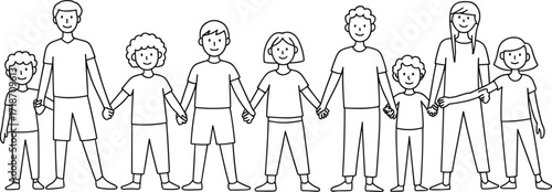 Continuous line drawing, group of people holding hands, unity concept, teamwork, community support, minimalist art, friendship, solidarity, cooperation, togetherness illustration