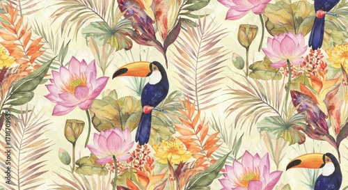 Watercolor Tropical Pattern with Toucans Lotus Flowers and Foliage.