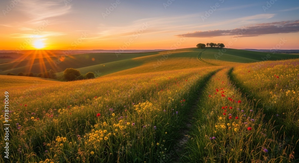 Fototapeta premium Sunset over golden field with path and hill.