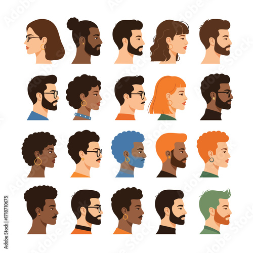 A diverse collection of modern multicultural men and women faces in profile view.