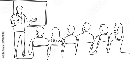 Continuous line drawing, speaker giving presentation, audience listening, education concept, public speaking, minimalist art, communication, 