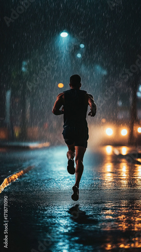 Male runner running while raining at night