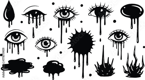 Black ink dripping eyes vector art illustration background editable