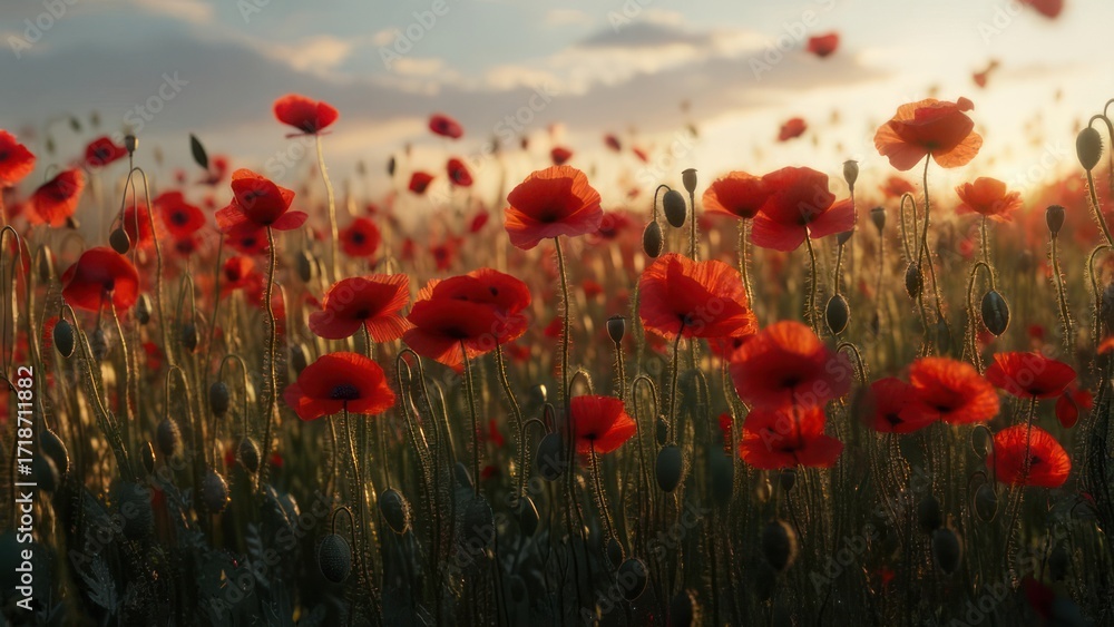Obraz premium Vibrant red poppies sway gently in a golden sunset field, evoking peace and natural beauty in a serene landscape.