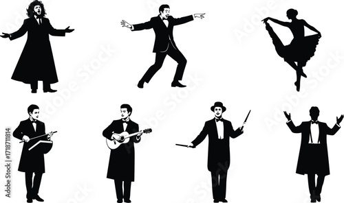 Performer silhouette illustration with singer, dancer, musician, conductor, guitar player, opera artist, ballet dancer, orchestra performer, entertainment vector design