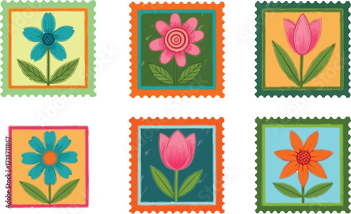 Floral postage stamps collection flower art design illustration editable
