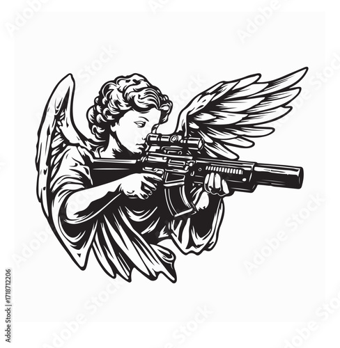 Winged Angel in Flight Aiming Firearm Vector Design on white background
