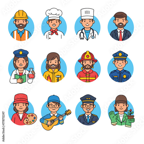 A diverse set of colorful cartoon avatars representing various professional occupations and jobs.