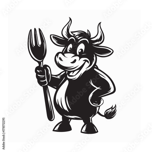 Cartoon Chef Cow Confidently Holding Utensils Vector Design